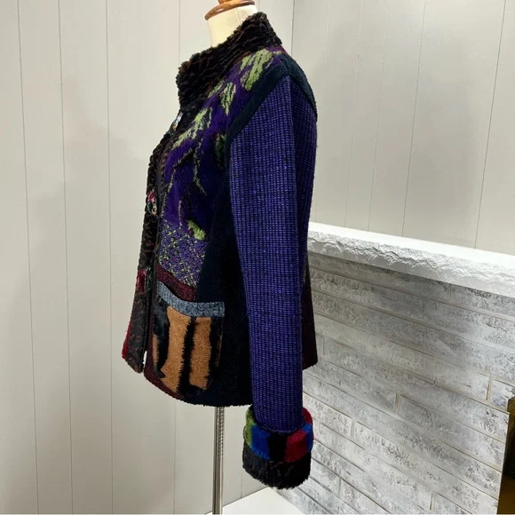 Lee Andersen Patchwork Art To Wear Multicolor Fleece Sweater Knit Cardigan S - Picture 4 of 6